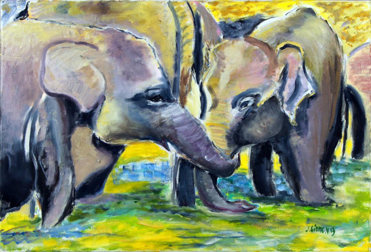 138 Éléphants au Sri Lanka - Huile de Jeanne GIRME