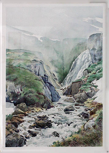 Cascade du Carbet  Lavis à l'encre acrylique de Tony Misérachs