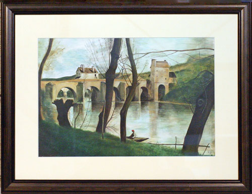D'après Corot, le Pont de Mantes  Gouache de Jacques Gonzalez