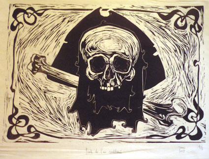 Drapeau Pirate      Linogravuretissu de Laure Cadars
