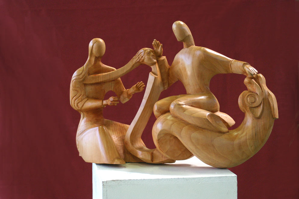 Harpiste et Dauphin  Sculpture (cèdre) de Michel Ferré