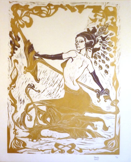 La Femme aux Oiseaux  (photo  Laure)   Linogravure de Laure Cadars